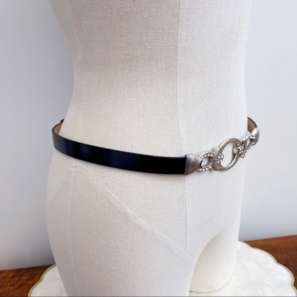 Chico’s Silver Tone Rhinestone Buckle Black Belt S - Picture 5 of 16